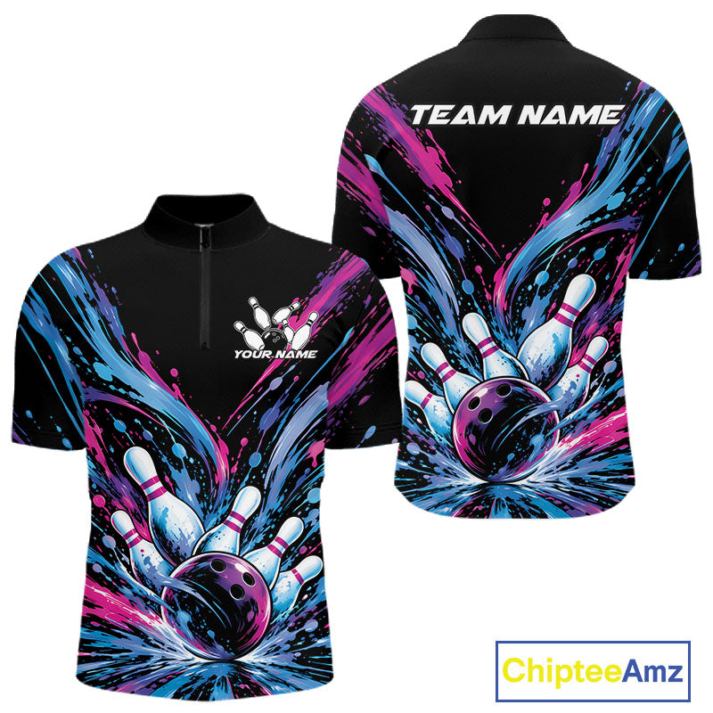 Custom Blue Purple Pink Splatter Quarter Zip Bowling Shirt, Bowling Matching Team Shirt