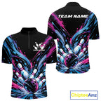 Custom Blue Purple Pink Splatter Quarter Zip Bowling Shirt, Bowling Matching Team Shirt