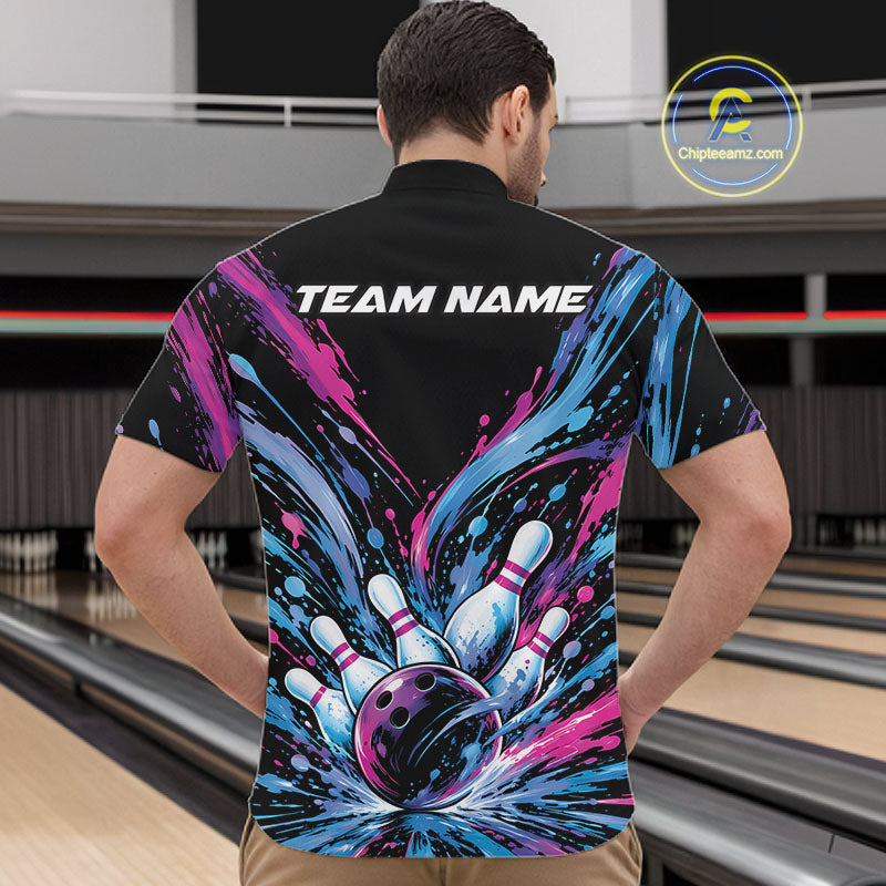 Custom Blue Purple Pink Splatter Quarter Zip Bowling Shirt, Bowling Matching Team Shirt