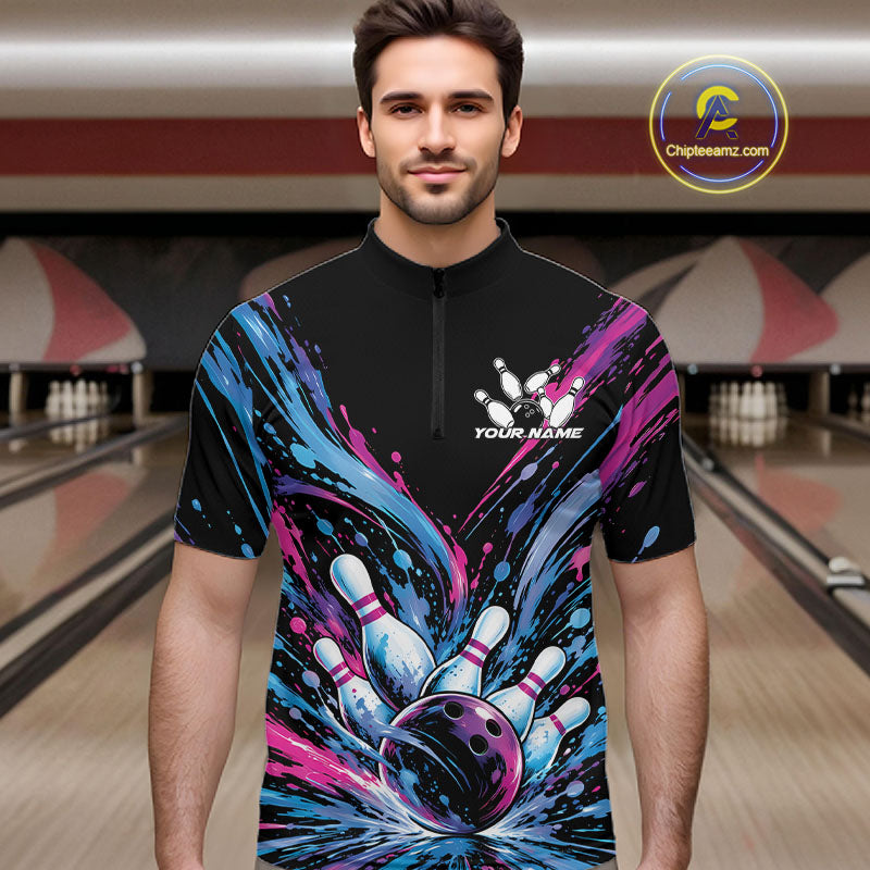 Custom Blue Purple Pink Splatter Quarter Zip Bowling Shirt, Bowling Matching Team Shirt