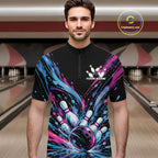 Custom Blue Purple Pink Splatter Quarter Zip Bowling Shirt, Bowling Matching Team Shirt