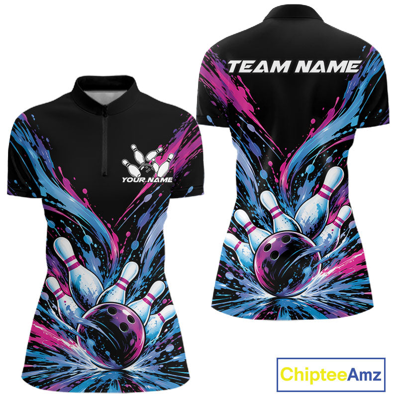 Custom Blue Purple Pink Splatter Quarter-Zip Bowling Shirt, Matching Team Shirt