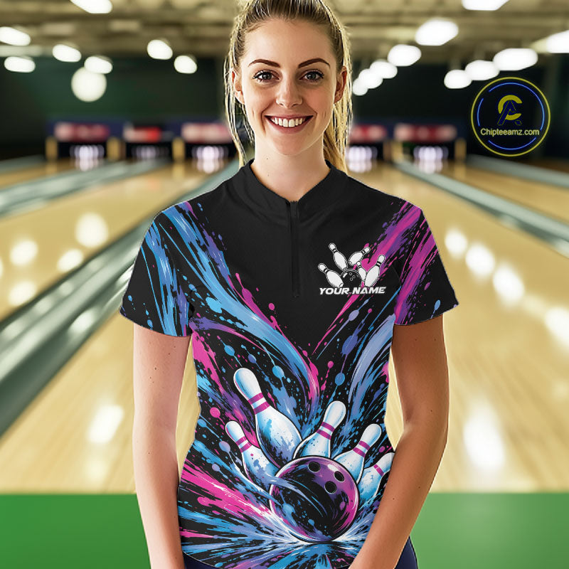 Custom Blue Purple Pink Splatter Quarter-Zip Bowling Shirt, Matching Team Shirt