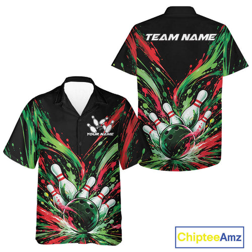 Custom Green And Red Splatter And Button Up Bowling Shirt, Bowling Matching Team Shirt