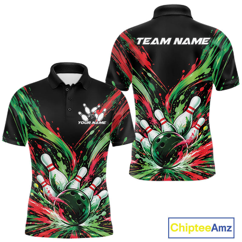 Custom Green And Red Splatter Polo Bowling Shirt, Bowling Matching Team Shirt