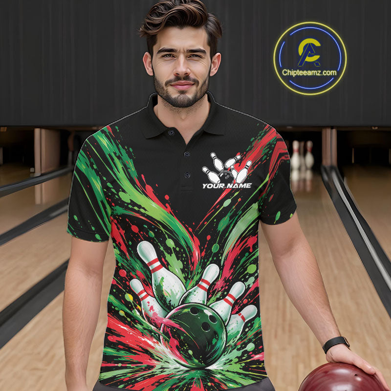 Custom Green And Red Splatter Polo Bowling Shirt, Bowling Matching Team Shirt