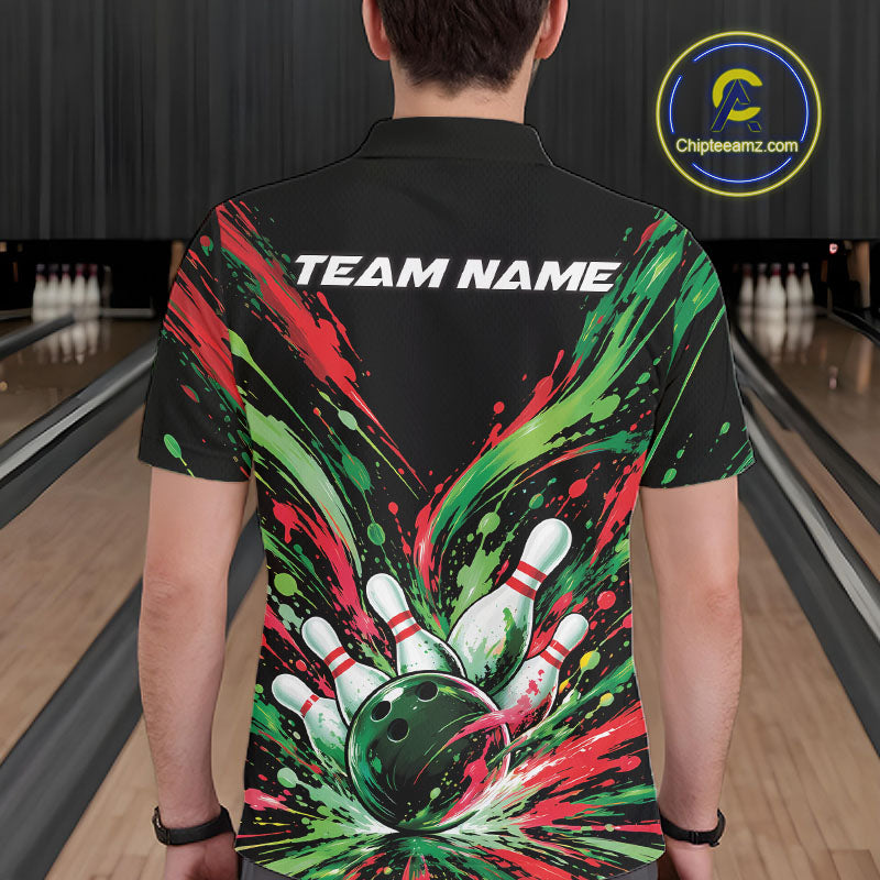 Custom Green And Red Splatter Polo Bowling Shirt, Bowling Matching Team Shirt