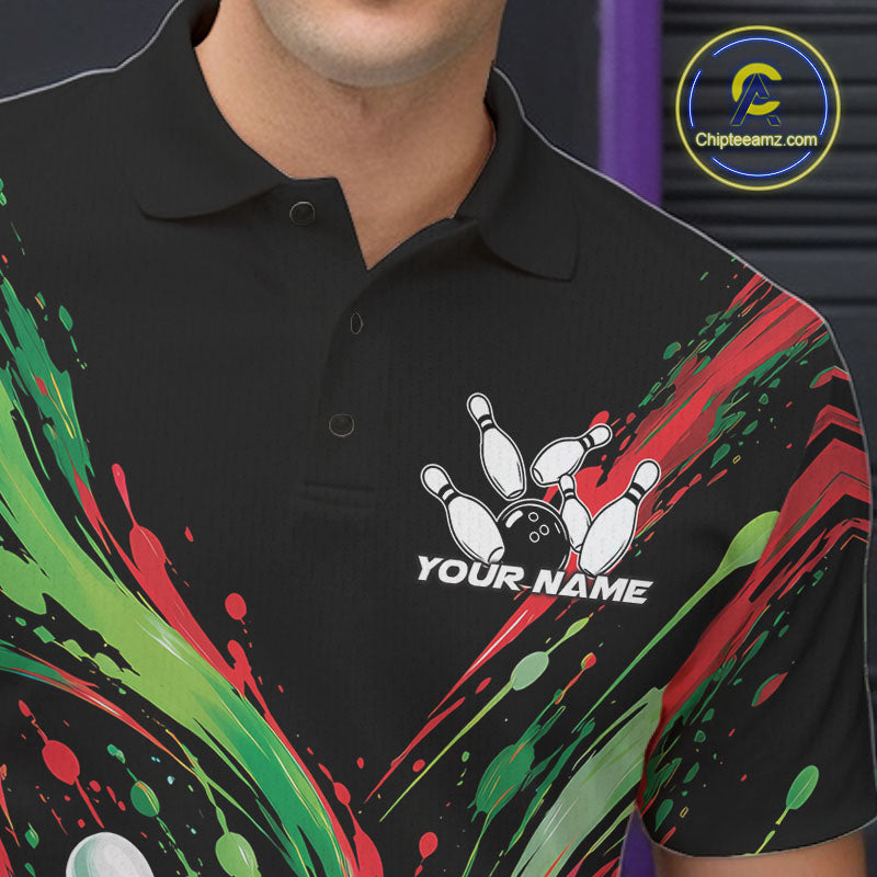 Custom Green And Red Splatter Polo Bowling Shirt, Bowling Matching Team Shirt