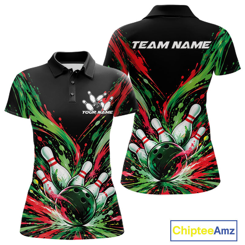 Custom Green And Red Splatter Polo Bowling Shirt, Bowling Matching Team Shirt