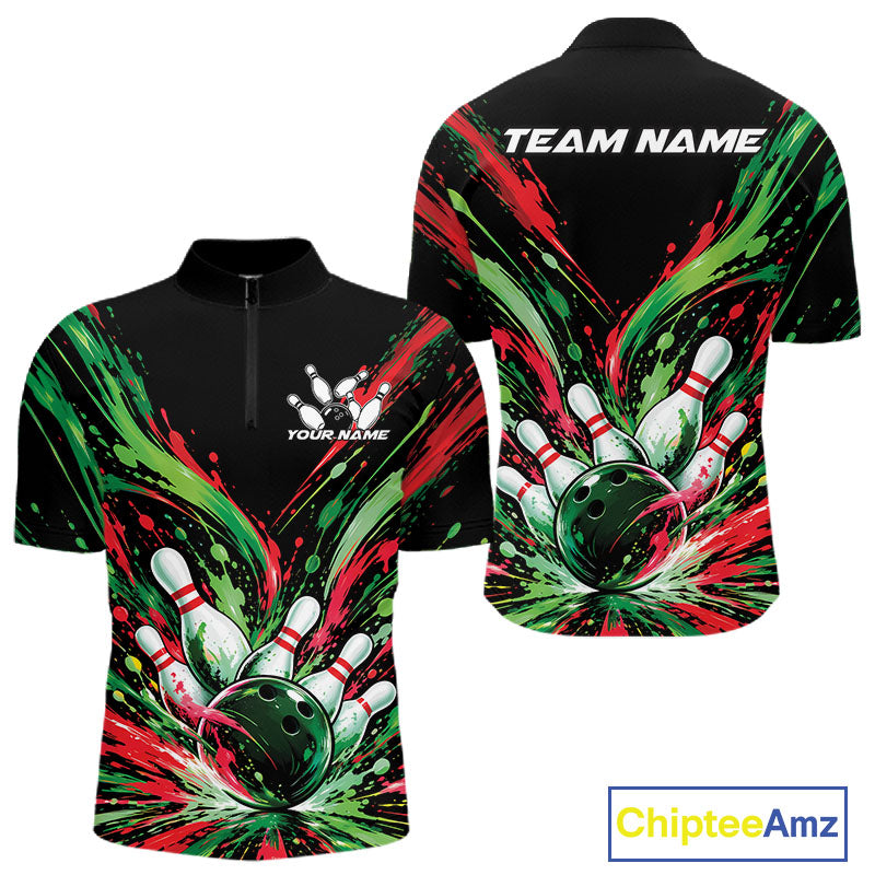 Custom Green And Red Splatter Quarter Zip Bowling Shirt, Bowling Matching Team Shirt