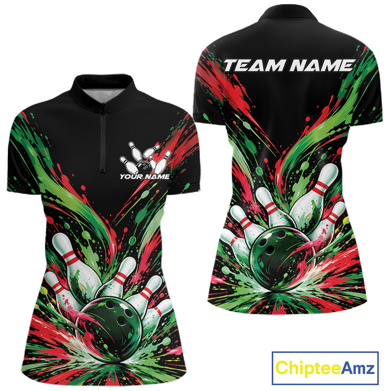 Custom Green And Red Splatter Quarter-Zip Bowling Shirt, Matching Team Shirt
