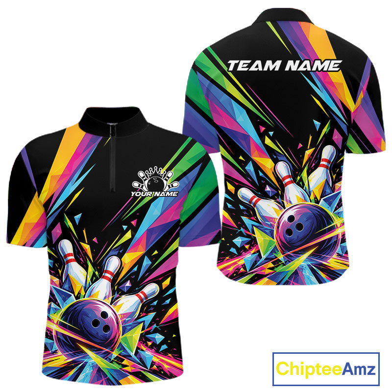 Custom Colorful Bowling Team Quarter Zip Shirt, Bowling Tournament Jersey Bowler Gift