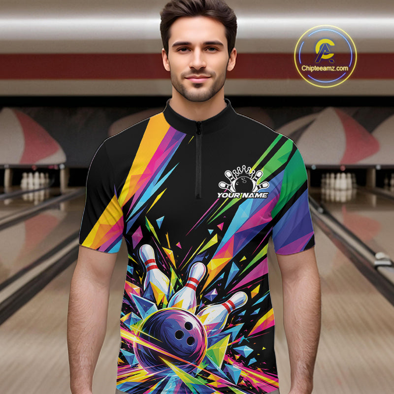 Custom Colorful Bowling Team Quarter Zip Shirt, Bowling Tournament Jersey Bowler Gift