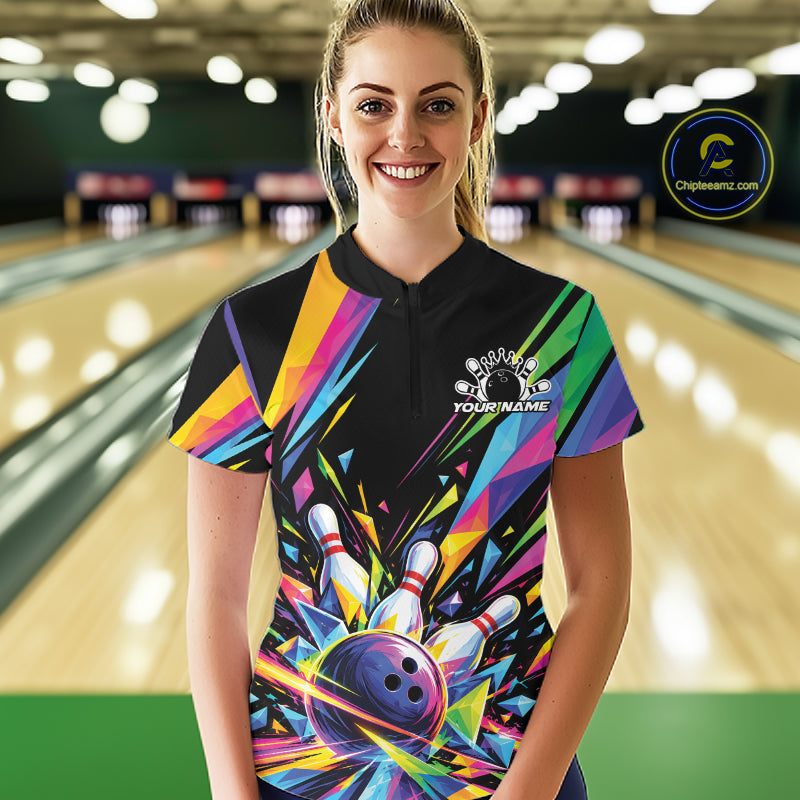 Custom Colorful Bowling Team Quarter-Zip Shirt, Bowling Jersey Bowler Gift