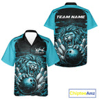 Custom Blue Camo Lion Bowling And Button Up Shirt, Lion Bowling Team League Shirt