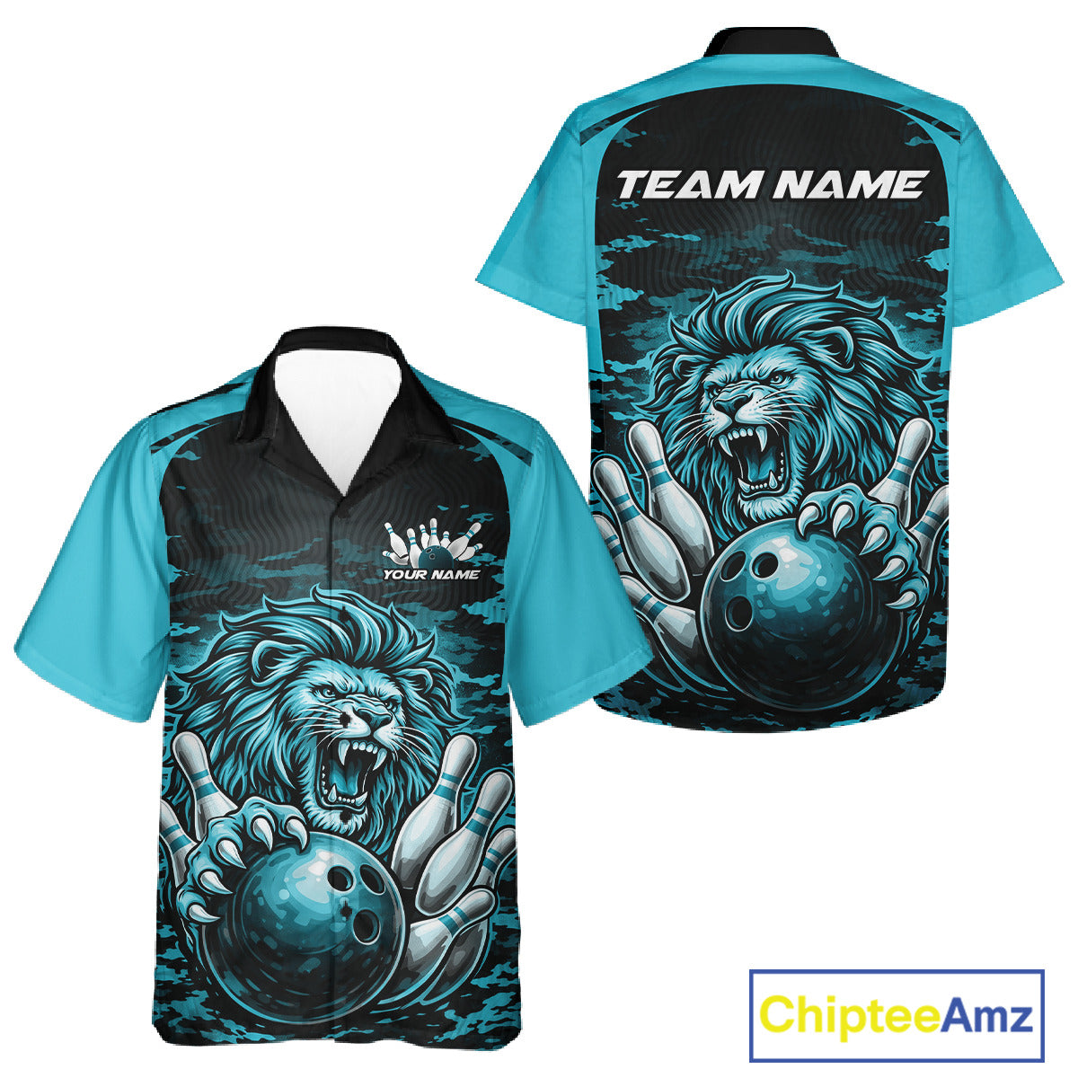 Custom Blue Camo Lion Bowling And Button Up Shirt, Lion Bowling Team League Shirt