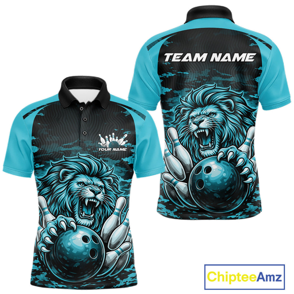Custom Blue Camo Lion Bowling Polo Shirt, Lion Bowling Team League Shirt