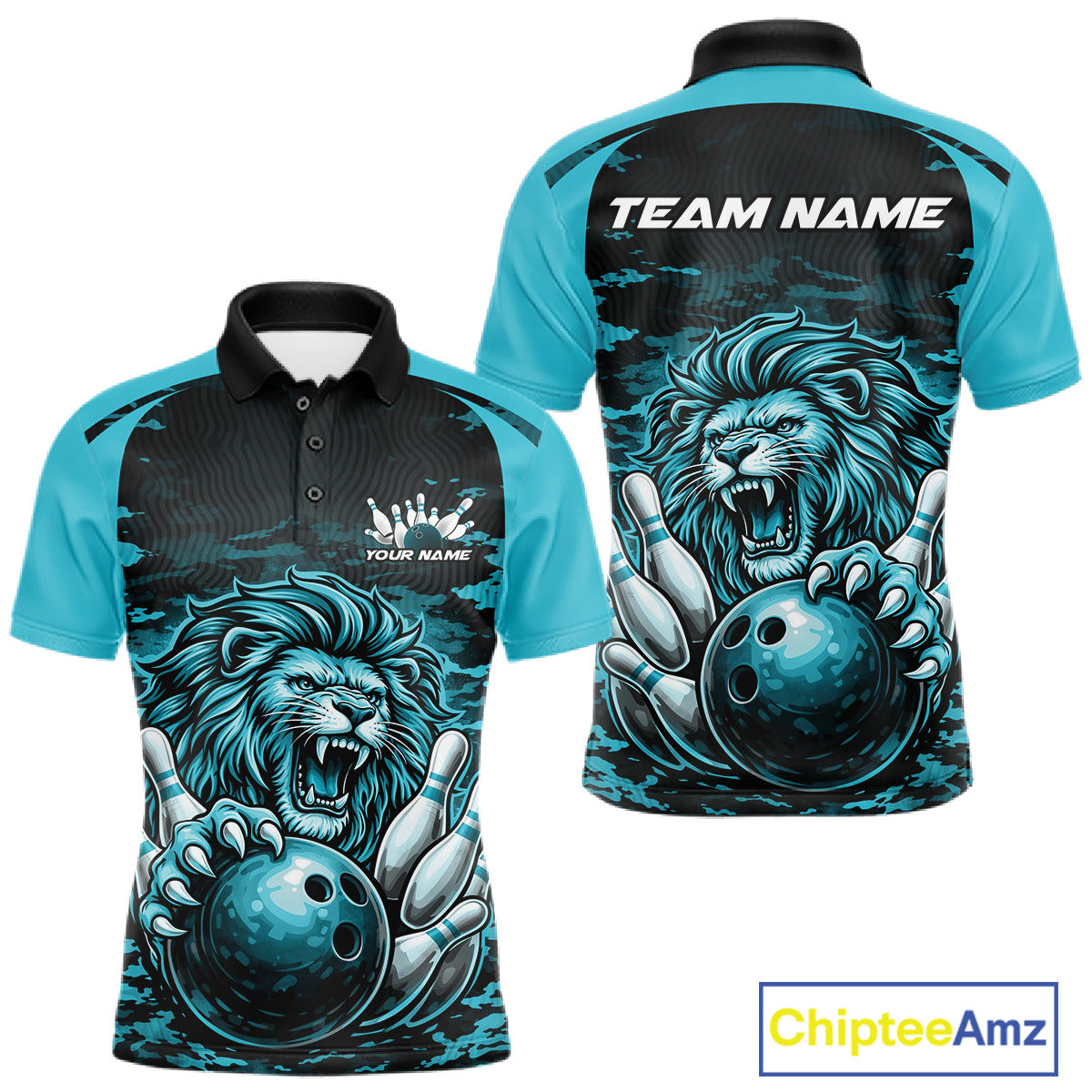 Custom Blue Camo Lion Bowling Polo Shirt, Lion Bowling Team League Shirt