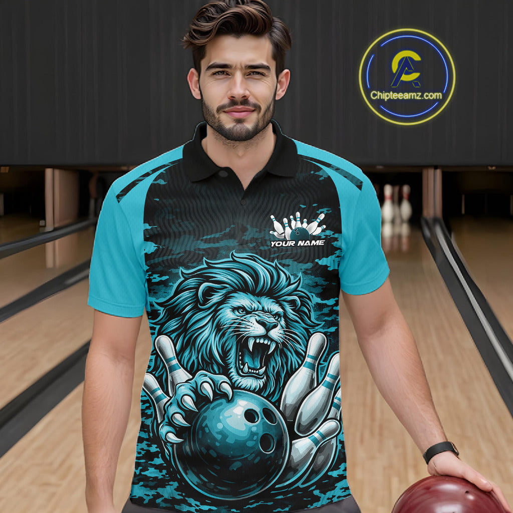 Custom Blue Camo Lion Bowling Polo Shirt, Lion Bowling Team League Shirt