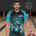 Custom Blue Camo Lion Bowling Polo Shirt, Lion Bowling Team League Shirt