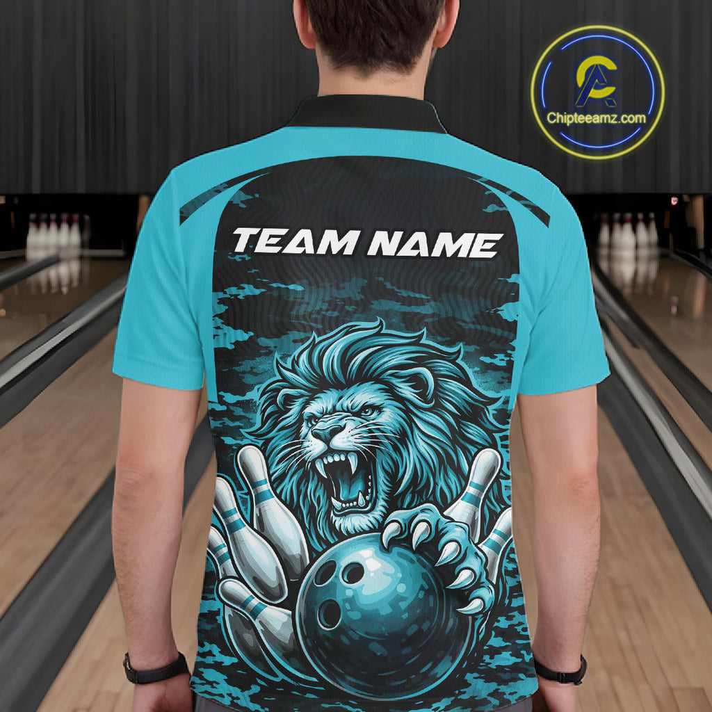 Custom Blue Camo Lion Bowling Polo Shirt, Lion Bowling Team League Shirt