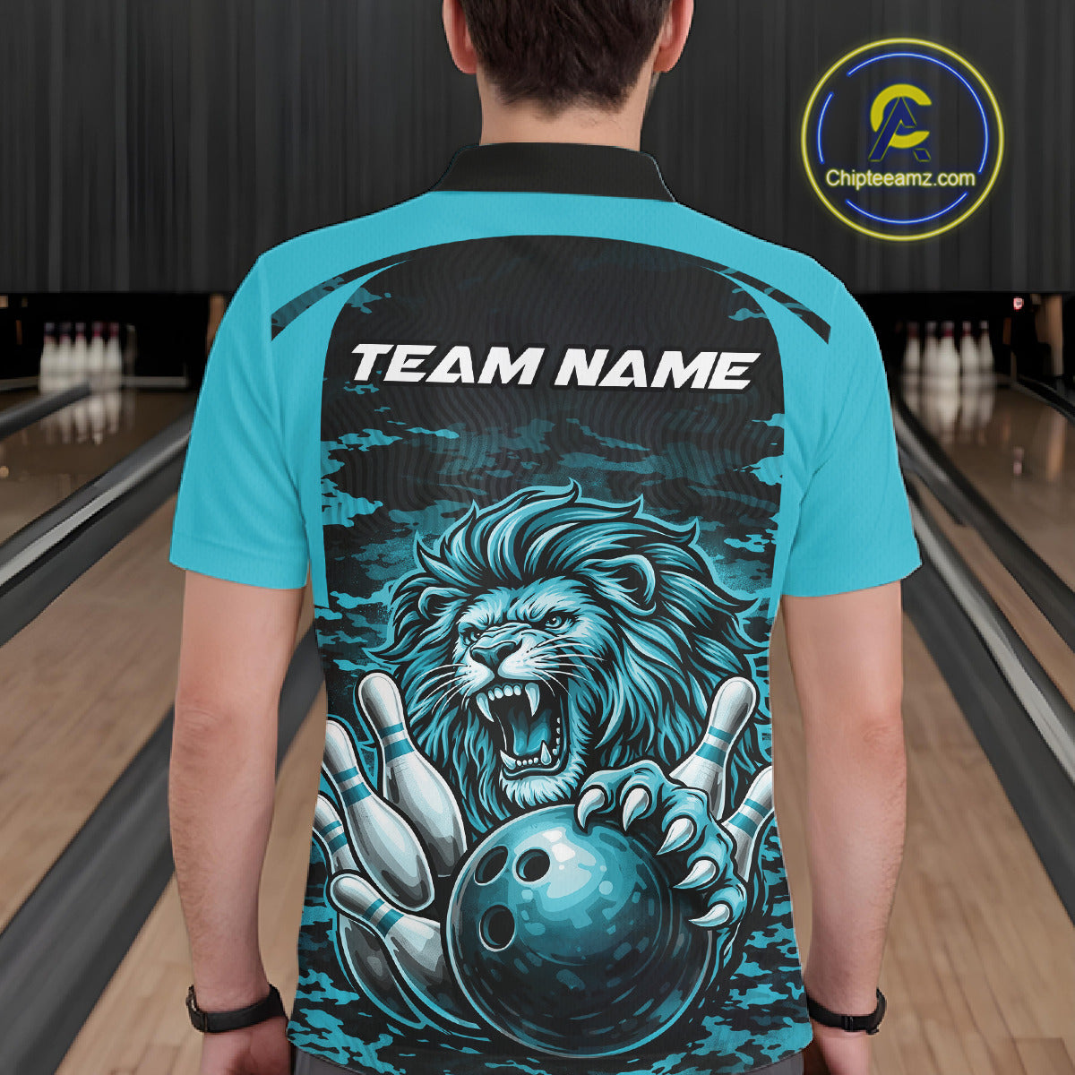Custom Blue Camo Lion Bowling Polo Shirt, Lion Bowling Team League Shirt