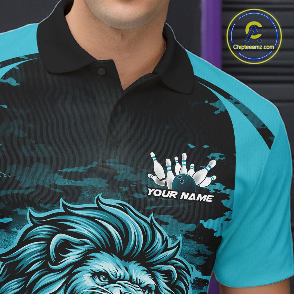 Custom Blue Camo Lion Bowling Polo Shirt, Lion Bowling Team League Shirt