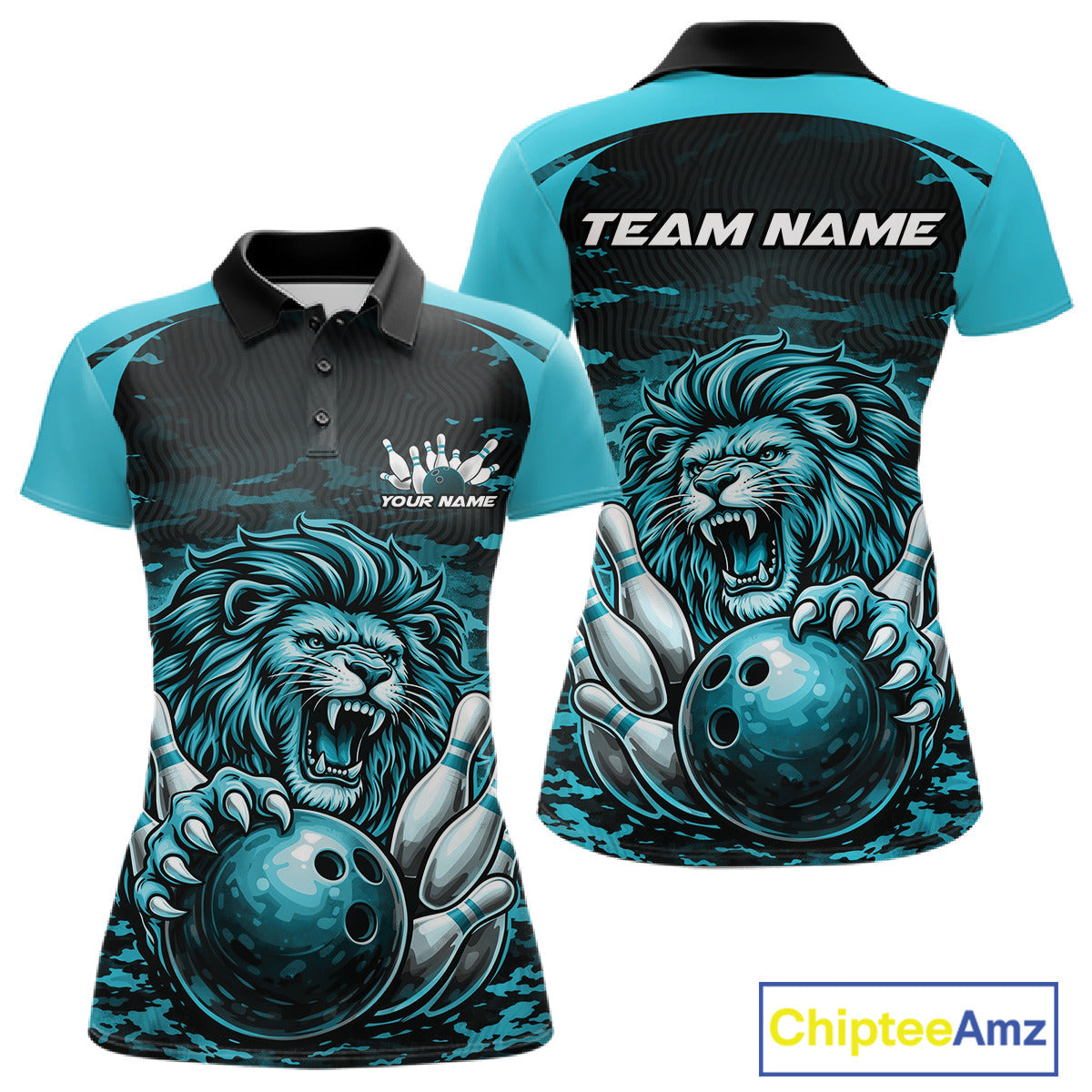 Custom Blue Camo Lion Bowling Polo Shirt, Lion Bowling Team League Shirt