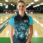 Custom Blue Camo Lion Bowling Polo Shirt, Lion Bowling Team League Shirt