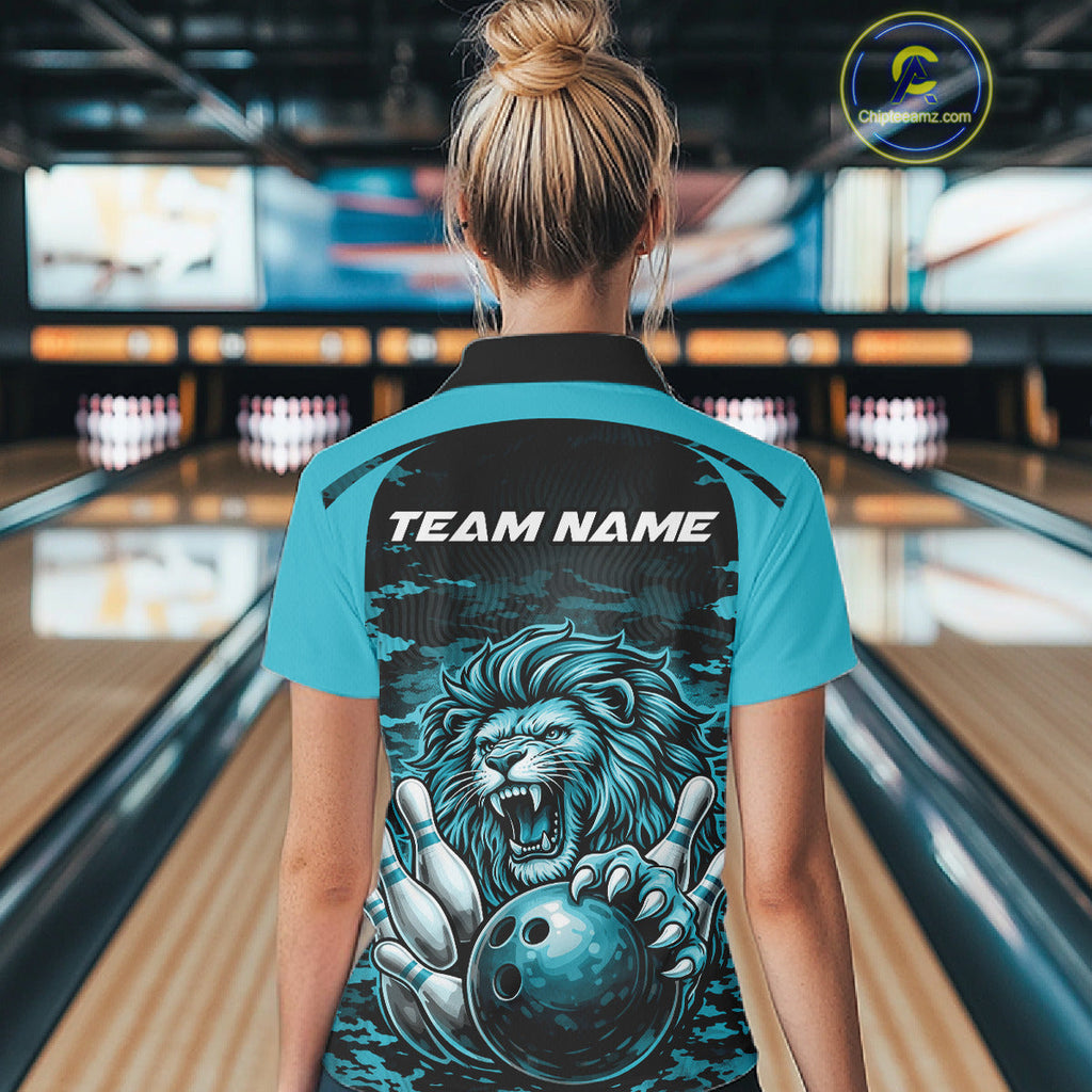 Custom Blue Camo Lion Bowling Polo Shirt, Lion Bowling Team League Shirt