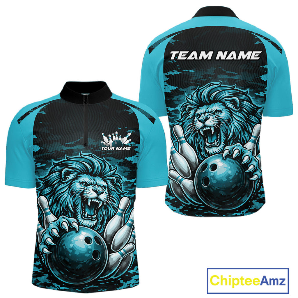 Custom Blue Camo Lion Bowling Quarter Zip Shirt, Lion Bowling Team League Shirt