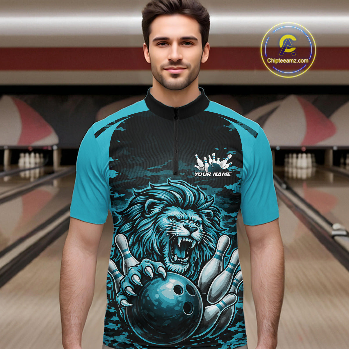 Custom Blue Camo Lion Bowling Quarter Zip Shirt, Lion Bowling Team League Shirt