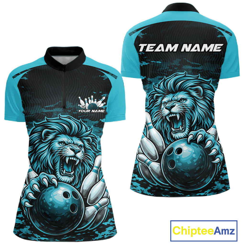 Custom Blue Camo Lion Bowling Quarter-Zip Shirt, Lion Bowling Team League Shirt
