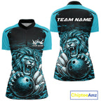 Custom Blue Camo Lion Bowling Quarter-Zip Shirt, Lion Bowling Team League Shirt