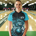 Custom Blue Camo Lion Bowling Quarter-Zip Shirt, Lion Bowling Team League Shirt
