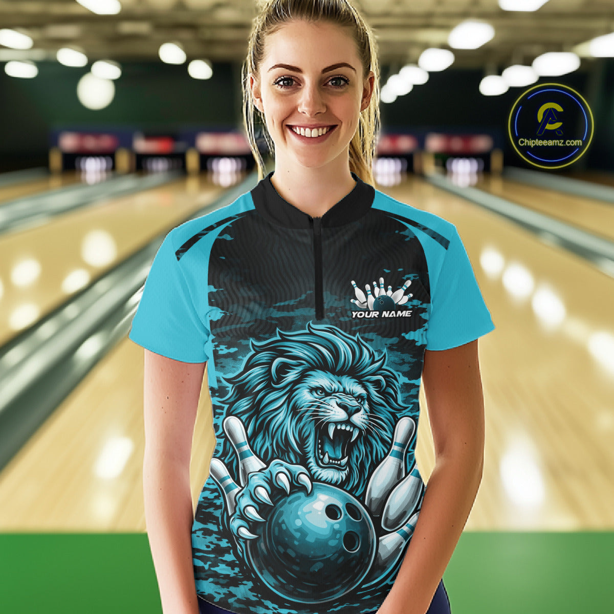 Custom Blue Camo Lion Bowling Quarter-Zip Shirt, Lion Bowling Team League Shirt