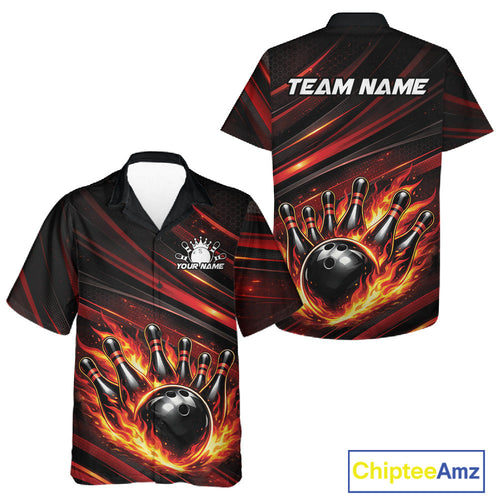 Custom Red Orange Fire Flame Bowling Team And Hawaiian Shirt, Bowling League Shirt