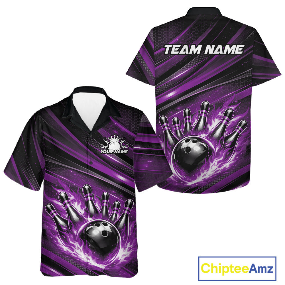 Custom Purple Fire Flame Bowling Team And Hawaiian Shirt, Bowling League Shirt