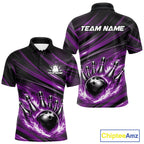 Custom Purple Fire Flame Bowling Team Polo Shirt, Bowling League Shirt