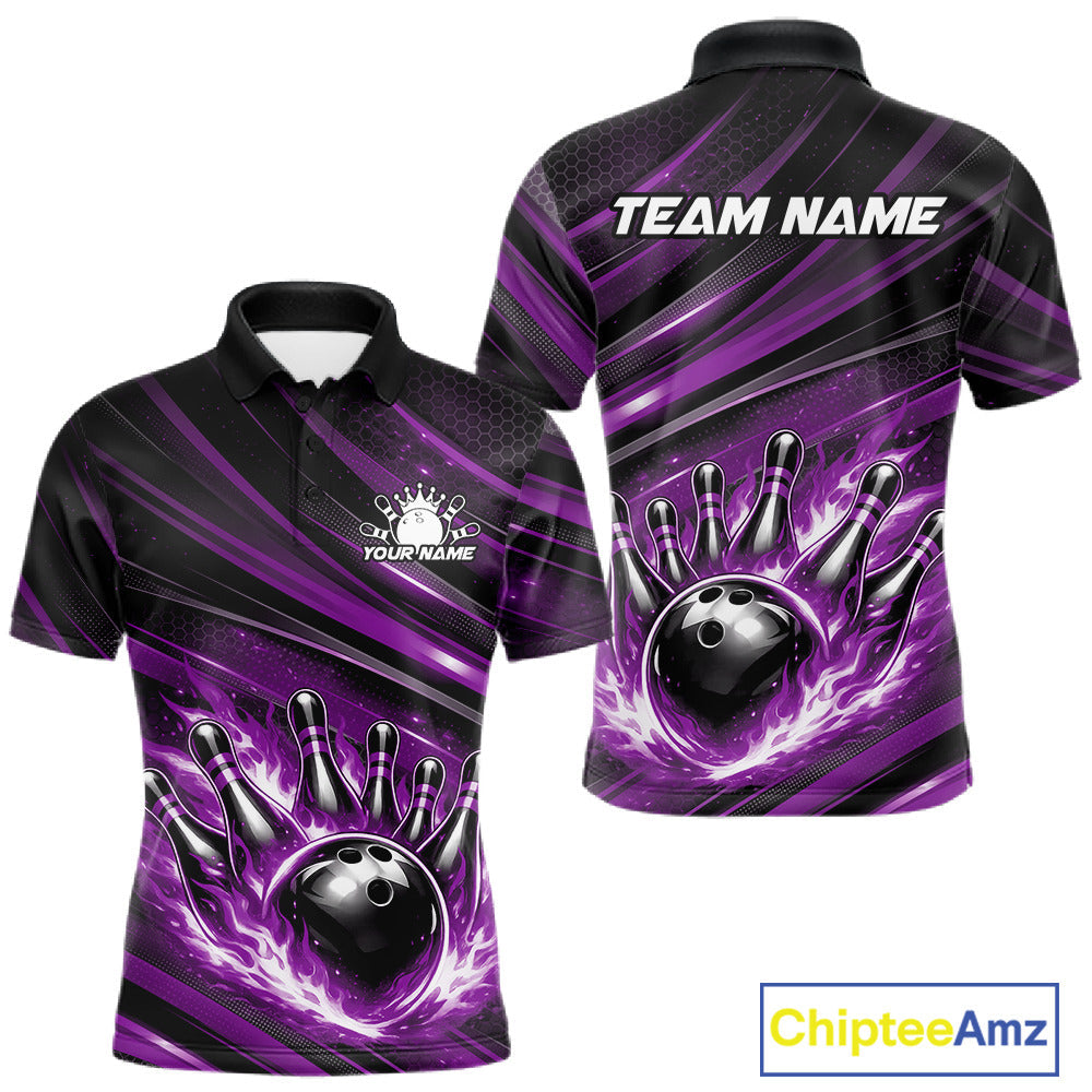 Custom Purple Fire Flame Bowling Team Polo Shirt, Bowling League Shirt