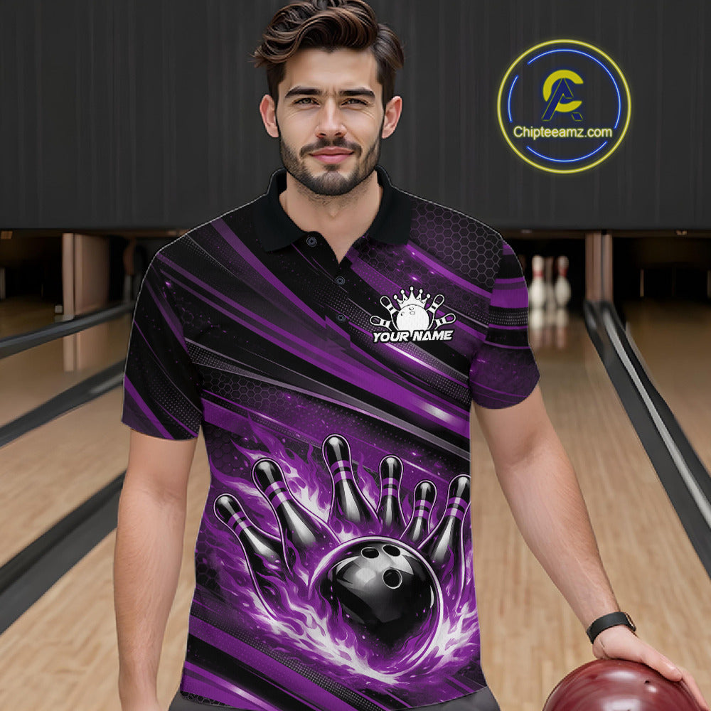 Custom Purple Fire Flame Bowling Team Polo Shirt, Bowling League Shirt