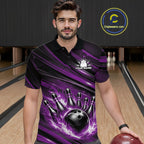 Custom Purple Fire Flame Bowling Team Polo Shirt, Bowling League Shirt