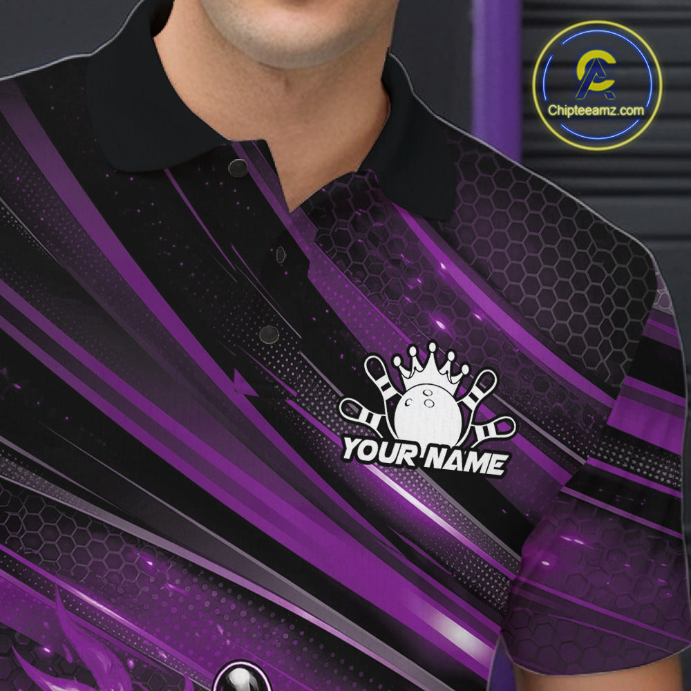 Custom Purple Fire Flame Bowling Team Polo Shirt, Bowling League Shirt