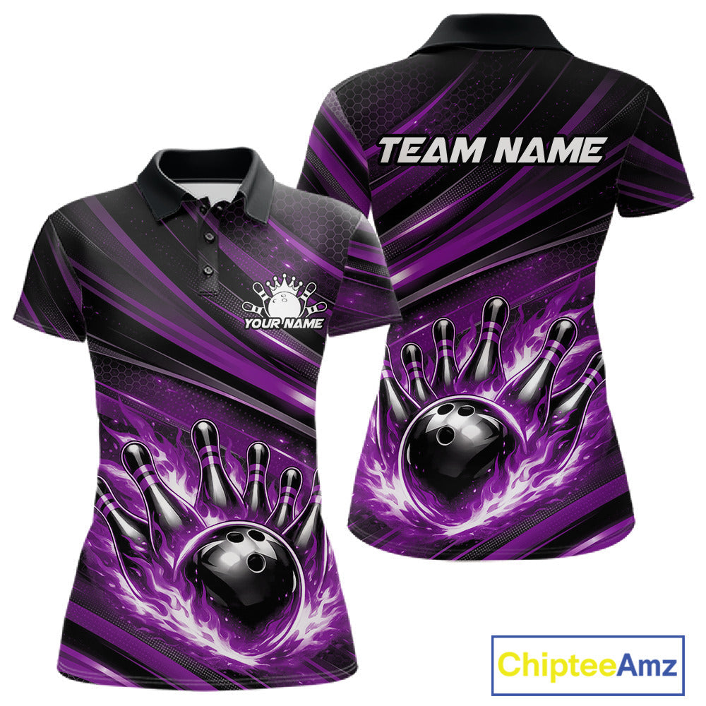 Custom Purple Fire Flame Bowling Team Polo Shirt, Bowling League Shirt