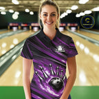 Custom Purple Fire Flame Bowling Team Polo Shirt, Bowling League Shirt