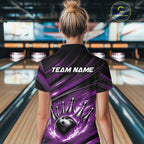 Custom Purple Fire Flame Bowling Team Polo Shirt, Bowling League Shirt