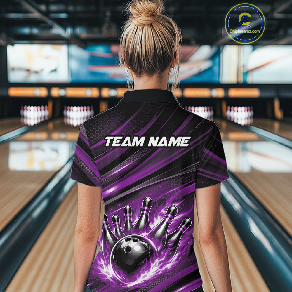 Custom Purple Fire Flame Bowling Team Polo Shirt, Bowling League Shirt