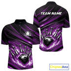 Custom Purple Fire Flame Bowling Team Quarter-Zip Shirt, Bowling League Shirt