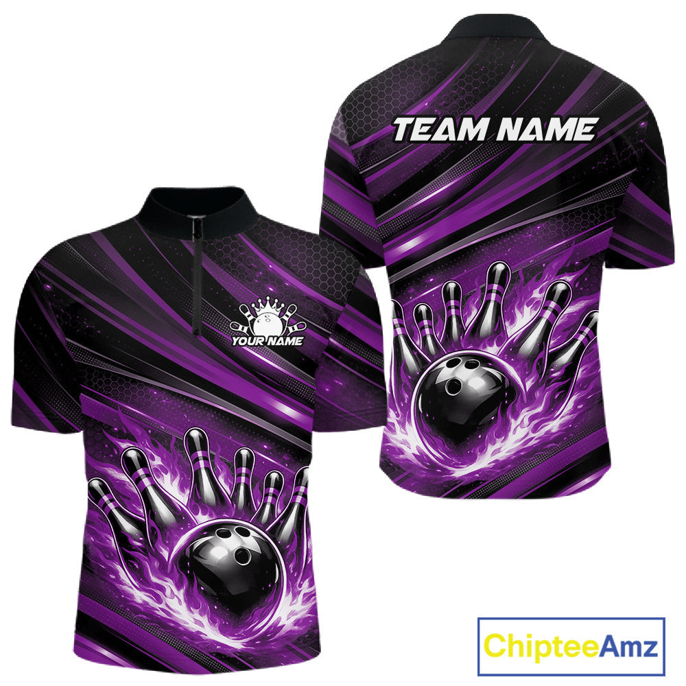 Custom Purple Fire Flame Bowling Team Quarter-Zip Shirt, Bowling League Shirt