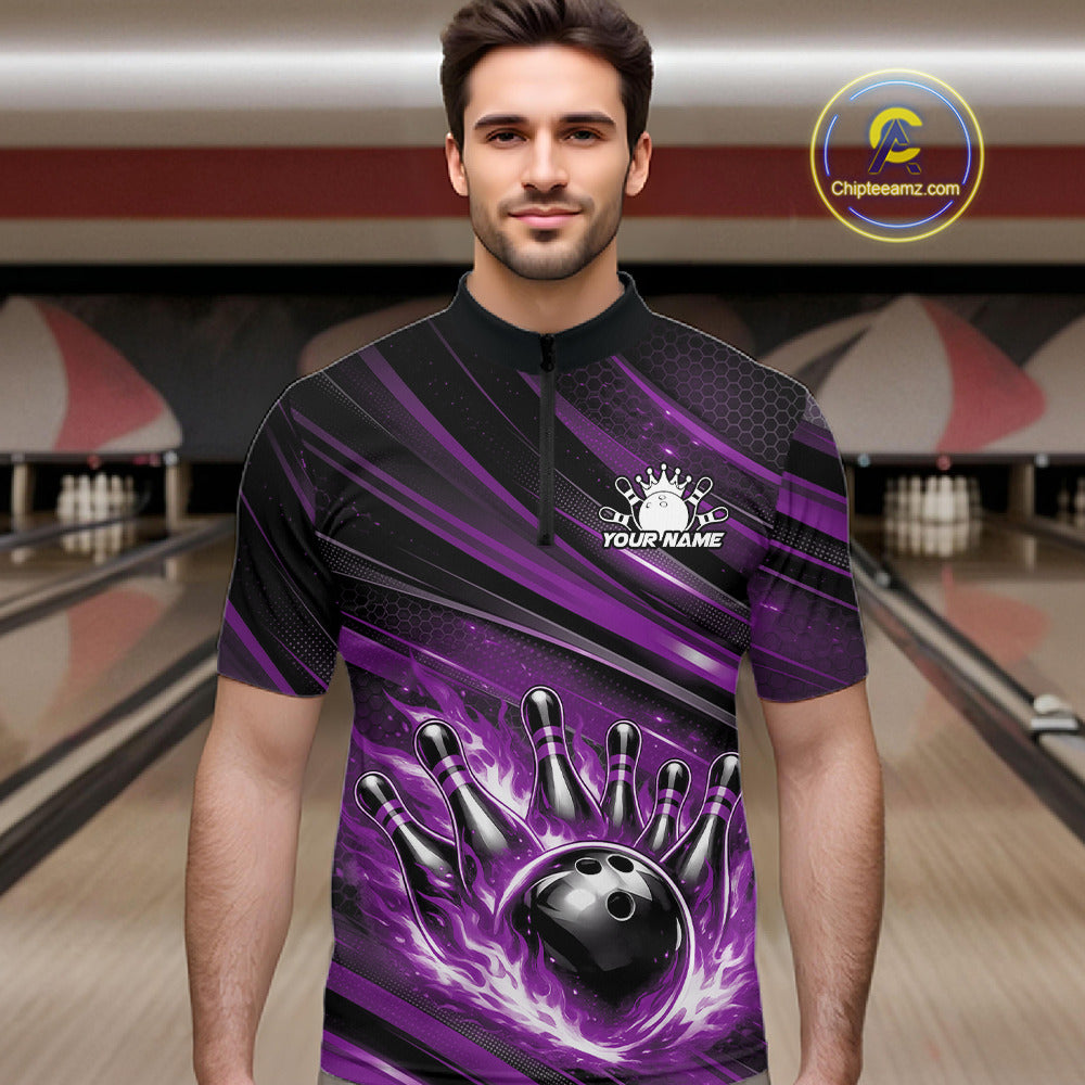 Custom Purple Fire Flame Bowling Team Quarter-Zip Shirt, Bowling League Shirt